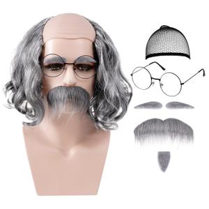 Old Man Costume Kit- Grandpa Curly Wig, Wig Cap, Glasses, Mustache and Eyebrows Set (Grey, Short, Curly)