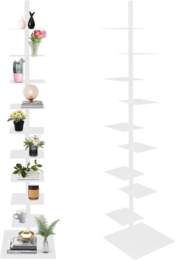 9-Tier Narrow Spine Bookshelf, Modern Bookcase, Adjustable Vertical Bookshelf, Metal Rotating Bookshelf Tower for Home Office Living Room Bedroom (White), 15.4*68.9 inch