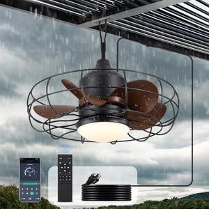jazimar Outdoor Ceiling Fan with Lights: 20-Inch Waterproof Plug-In Caged Hanging Fan, App/Remote Control, 3CCT, 6-Speed Reversible DC Motor, for Porch Patios Canopy