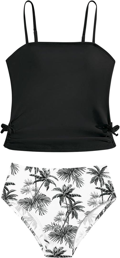 Girls Tankini Swimsuits Two Piece Bathing Suit Drawstring Swimwear Set for Girls 7-14 Years (15-16 Years, Black-palmet)