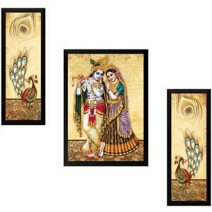 NOBILITY Radha Krishna Framed Painting Set of 3 Wall Art Decor Statue Idol Janmashtami Decoration for Home Living Room Office Wedding Return Gift Items friends family