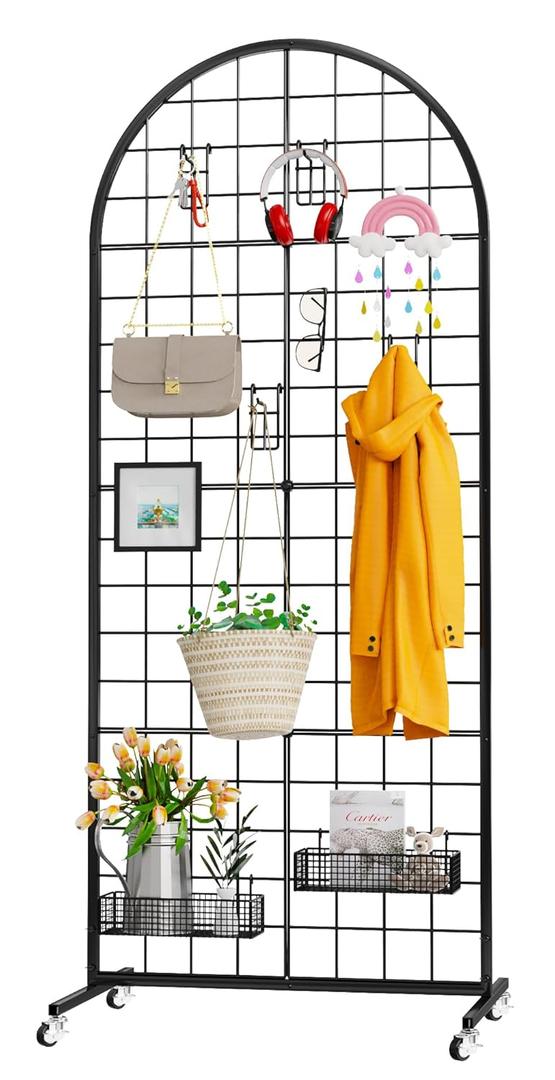 Grid Wall Panel 1PCS Display Stand 2' x 5.2' FT Black Gird Wall Panels Movable Retail Display Racks Floorstanding Grid Wall Heavy Duty with Wheel for Art Craft Photo Display Fair Trade Show