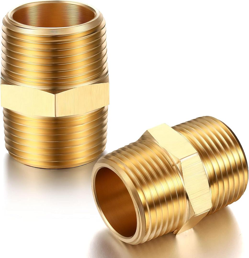 2 Pieces Brass Pipe Fitting 3/4 x 3/4 Inch NPT Brass Hex Nipple Male Pipe Adapter, Straight Connector Fitting
