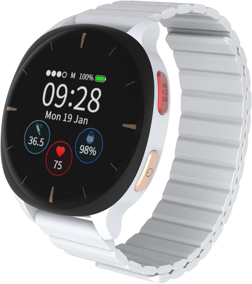 Audar E2 Senior Smartwatch with Fall Detection & SOS, 24/7 Heart Rate, Blood Pressure, SpO & Temperature Monitoring, IoT AI Wellbeing Reports/Health History, Cloud Dashboard, No Cell Phone/App Needed (Grey & Black)
