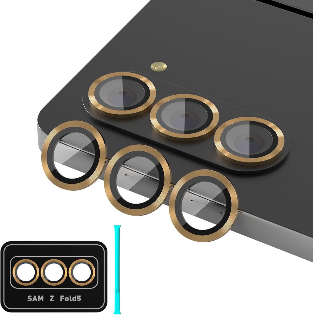 Suoman for Samsung Galaxy Z Fold 5 Camera Lens Protector, Metal Texture Style Tempered Glass Camera Lens Cover [Metal CD Lines]- Gold