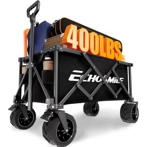EchoSmile Collapsible Folding Wagon Cart with Compact Storage - 400Lbs Capacity All Terrain Utility Cart for Camping, Beach, Grocery, Garden,Black
