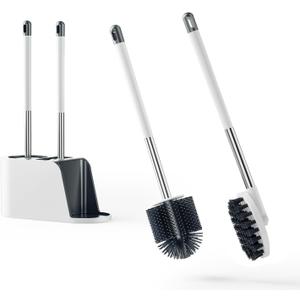 Toilet Brushs Set,Soft Silicone Bristle Brush and Durable Scrubbing Bristle Brush for Toilet,Stainless Steel and No-Slip Long Handle Brush with Ventilated Holder with Convenient Storage Rack, White