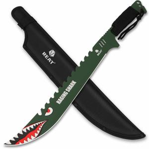 REAT Machete with Sheath, 25.5" Full Tang 420 Stainless Steel Blade with Raging Shark Green Coating,Non-silp Cord-Wrapped Handle for Yard Work, Cutting Trees,Camping Green