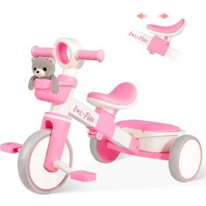 Tricycle for Toddlers 1-3 Years Old Toy, Adjustable Kids Bike for Boys Girls Birthday Gift Age 2-4, Baby Trike with Storage Baskets & Removable Pedals
