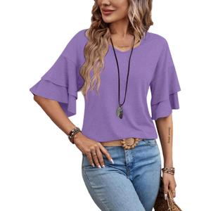 Remidoo Womens Double Layer Ruffle Half Sleeve T Shirts Casual V Neck Tops Summer tees Purple Large