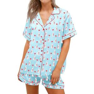 RUEWEY Women Easter Pajamas Set Bow/Rabbit Print Button T-Shirt and Elastic Shorts for Loungewear Soft Sleepwear, XL