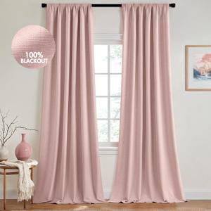 MIULEE 100% Blackout Curtains 84 Inch Long 2 Panels for Bedroom, Thick Luxury Faux Linen Black Out Curtain Room Darkening Back Tab Pleat Window Textured Drapes with Hooks for Living Room, Baby Pink, Size: 50"W x 84"L (Pack of 2)