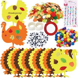 UMEELR 600 PCS Turkey Foam Stickers, Fall Self Adhesive Glitter Maple Leaf Stickers with Scarlet Ribbon, Thanksgiving DIY Crafts Party Decorations Christmas Stocking Gifts Valentine's Day Exchange