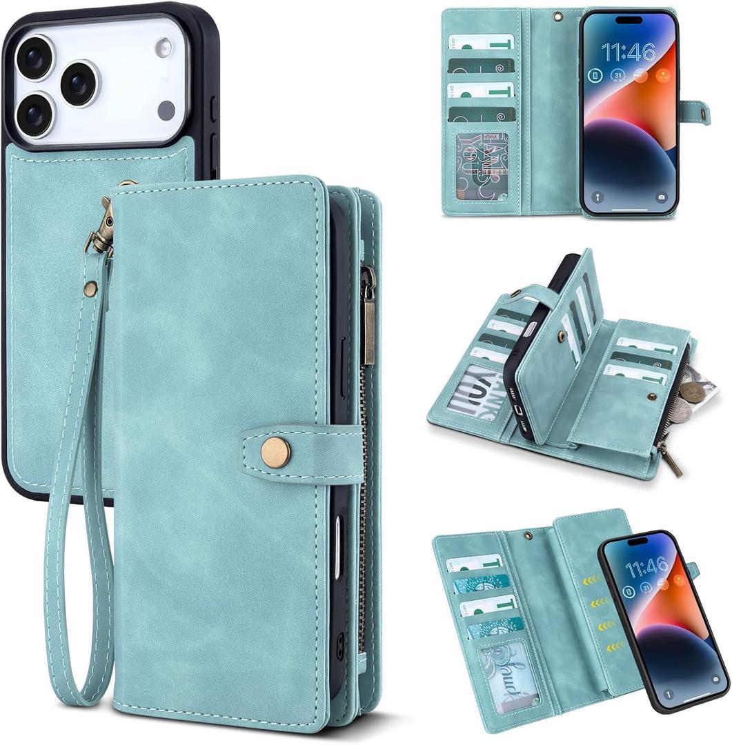 TwoHead Wallet Case Compatible with iPhone 17 Pro Max,Detachable,Magnetic,11 Cards Holder,PU Leather All-Round Protective Phone Case with Change Pocket(6.9 in,Blue)