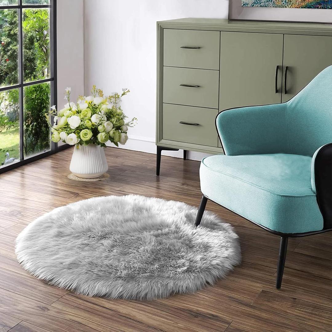 Latepis Gray Fluffy Circle Faux Fur Rug Round Rugs 4ft Sheepskin Rug for Bedroom Bedside Washable Rugs Soft Plush Shaggy Floor Carpet Luxury Home Decor (Grey)