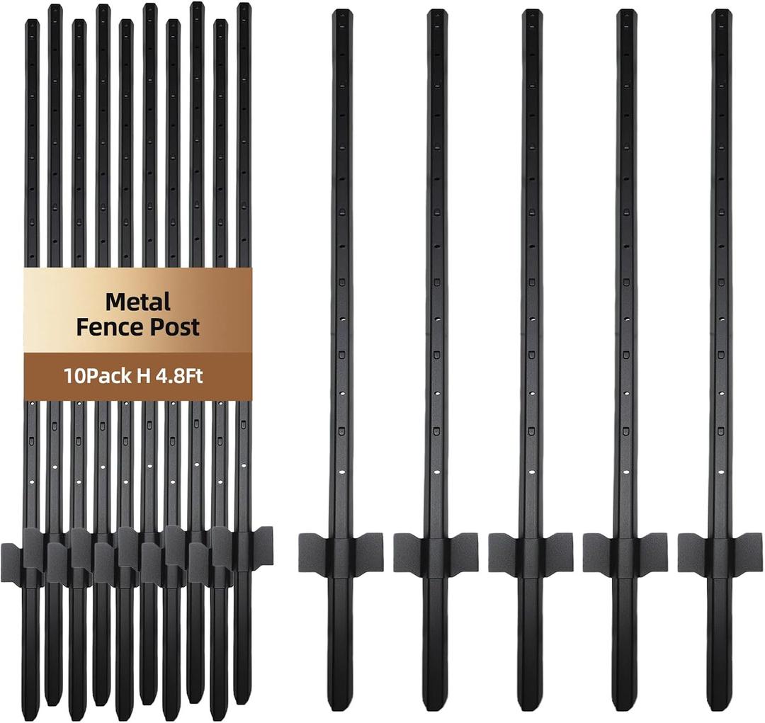 10 Pack Metal Fence Post, 4.8FT Heavy Duty Garden Fence Post for Wire Fence, Fence Posts No Dig U Post for Lawn, Garden, Farm