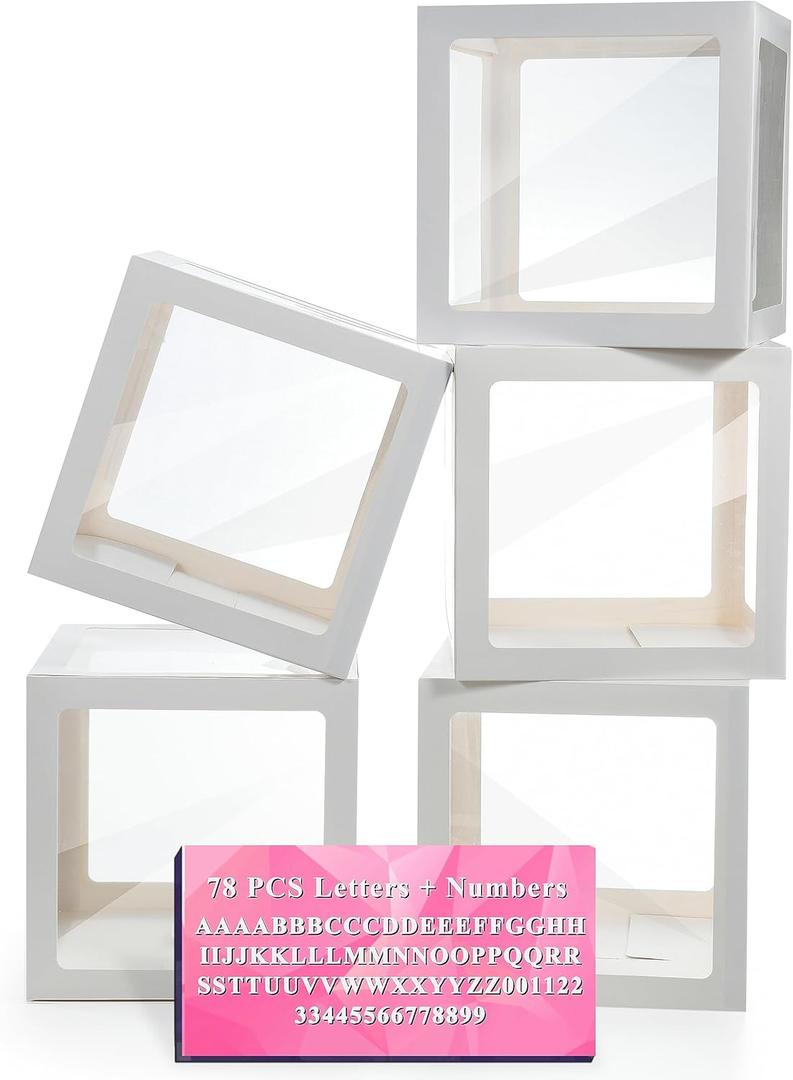 Baby Boxes with Letters, 5 Transparent Baby Shower Balloon Boxes with 78 Letters & Numbers for Gender Reveal Decorations Birthday Wedding Party Grad Backdrop Bridal Shower, White