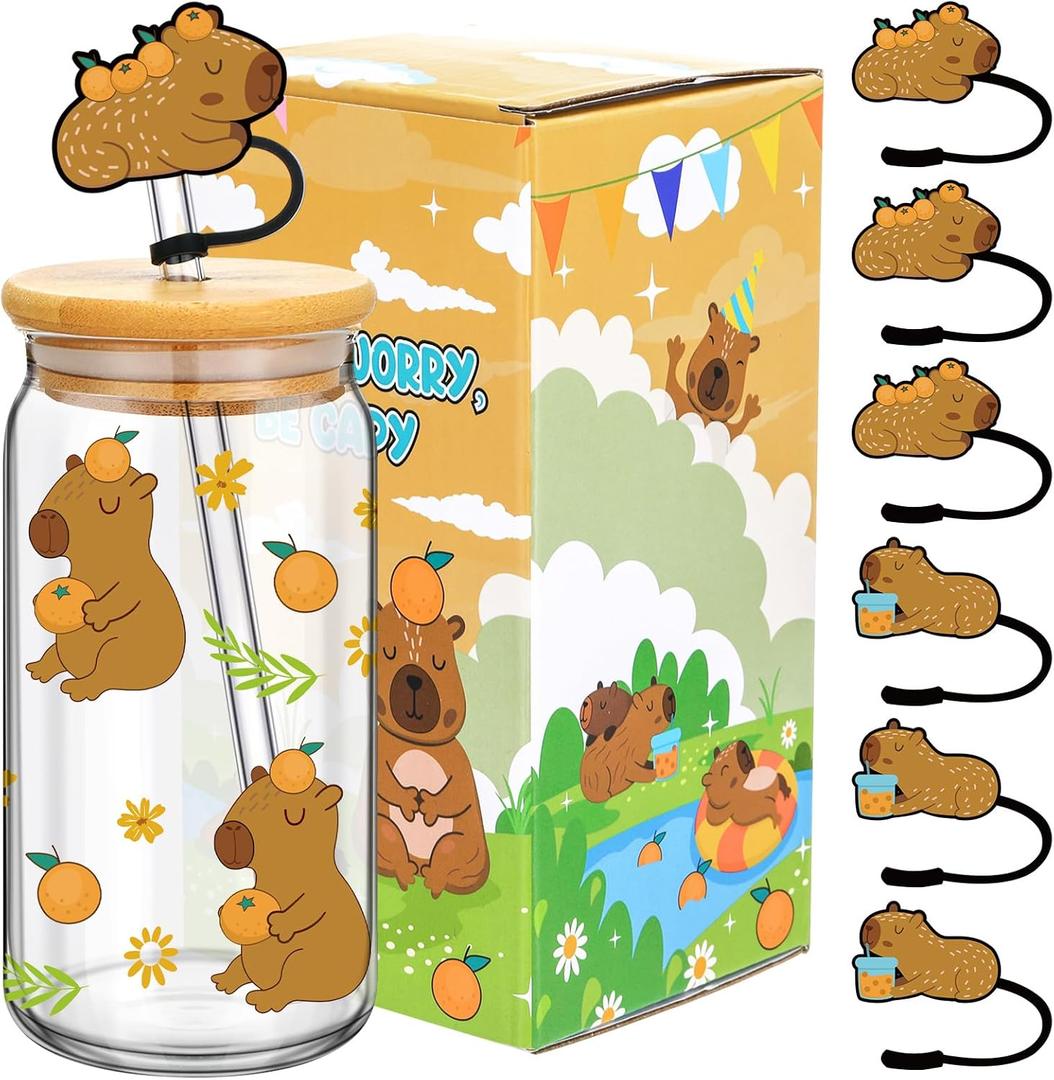 Didaey Capybara Gifts for Women Cute Capybara Glass Cup 17 oz Coffee Cups with Lids and Straw Cover Cap for Birthday Gifts for Animal Lovers Stuff