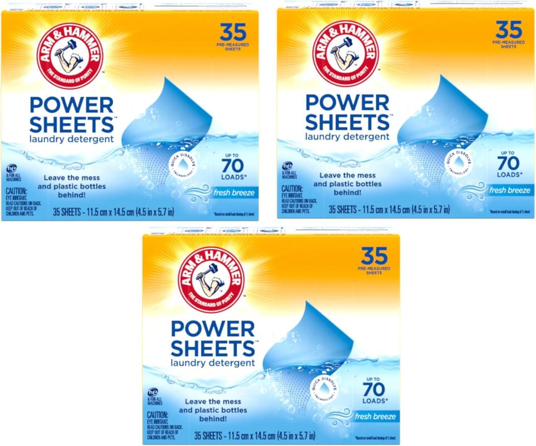 Arm & Hammer Laundry Detergent Power Sheets,Fresh Breeze, up to 210 Loads, 35 Ct (Pack of 3)