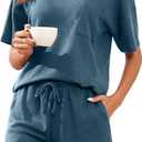 PrinStory Pajamas Set for Women Waffle Knit Lounge Set 2 Piece Outfits Loungewear Sweatsuit with Pockets (Blue, M)
