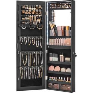 SONGMICS Jewelry Cabinet Armoire Organizer with LED Lights, Wall-Mounted Storage Cabinet with Full-Length Frameless Mirror, Built-in Makeup Mirror, 2 Drawers, Lockable, Black UJJC013B01