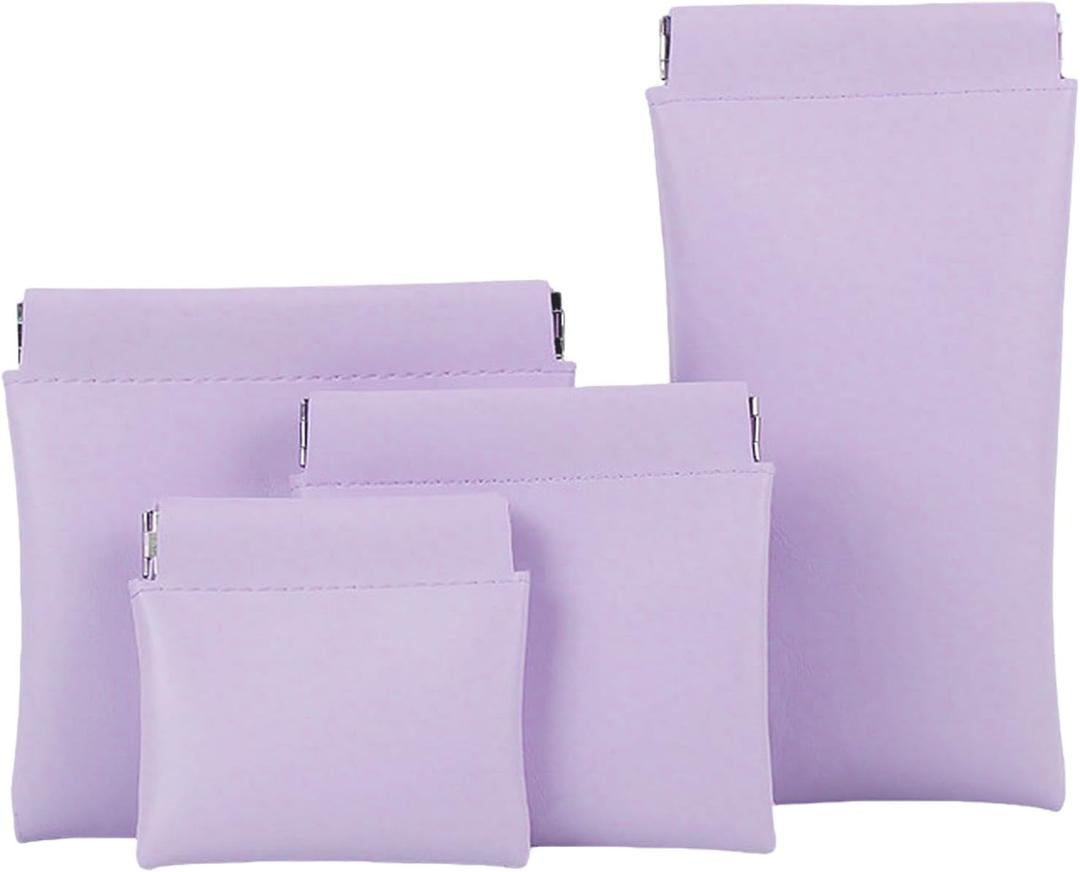 2 x 4Pcs Purse Pouches for Inside Purse, Squeeze Coin Purse Pouch, Waterproof Leather Portable Mini Makeup Bag & Travel Toiletry Organizer (Purple)