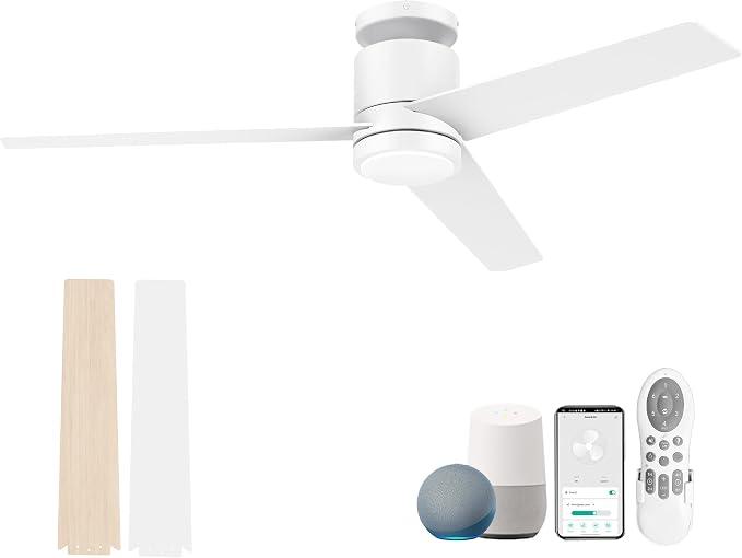 Lorpies 52 Inch Smart Flush Mount Ceiling Fans with Lights Remote,Quiet DC Motor, Outdoor Indoor Low Profile Ceiling Fan,Voice Control via WIFI Alexa App, Modern White Wood Ceiling fan for Bedroom Patio