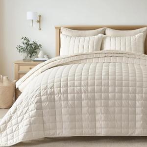 EVERGRACE Pearl Velvet Quilt Set Full Queen Size, Luxurious Soft Velvet Comforter, Lightweight Oversized Bedspread Coverlet, Box Stitch Quilted Bedding Sets for All Season, w/ 2 Shams, Ivory White