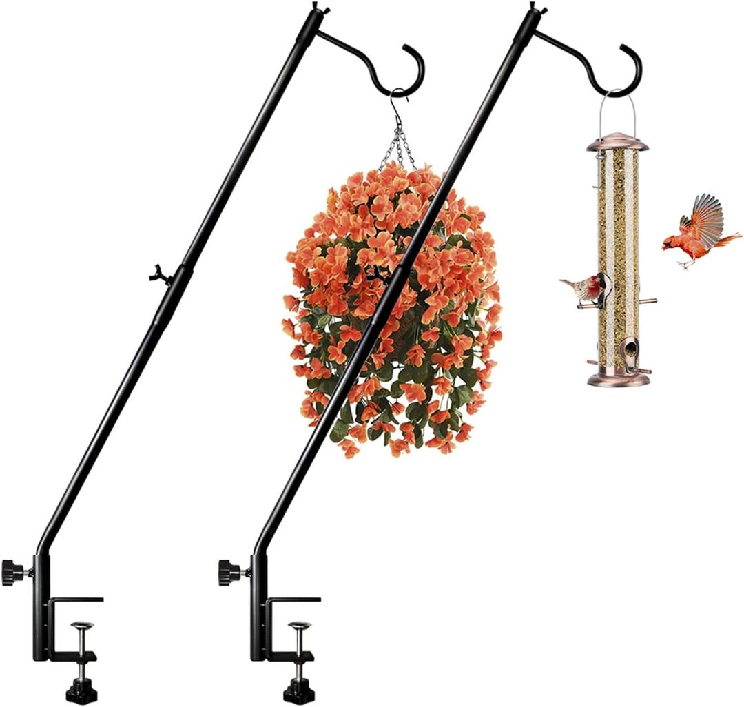 Deck Bird Feeder Hanger for Railing, 30Inch Fence Deck Hook for Humming Bird Feeder Hanger Pole, 360 Degree Horizontal Rotary Clamp-On for Decor, 2Packs