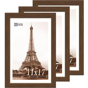 VCK 11x17 Picture Frame 3 Pack, Brown Wood Poster Frame with Exclusive Wood Grain, Wall Mounting Hanging