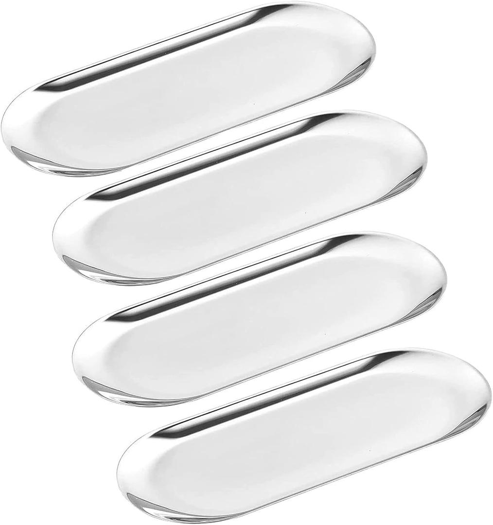 4 Pcs 7 Inch x 3.3 Inch Trinket Tray, Silver Stainless Steel, for Serving Trays Towel Storage Dish Plate Tea Fruit Trays Jewelry Plate Decorative Storage Tray