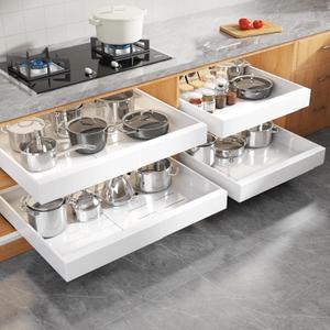4 Pack Expandable Width (15.15"-26.3") Pull Out Cabinet Organizer 21" Deep with Raising Pad for Framed Cabinets, Upgrade 3 Slide Rails Slide Out Drawers, Roll Out Shelves Adhesive, White