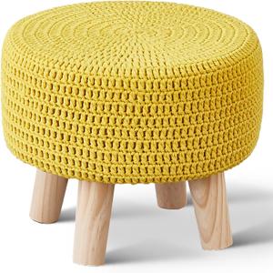 Wimarsbon Small Ottomans, 100% Hand Knitted Pouf, Round Footrest with 4 Non-Skid Wood Legs, Boho Dcor Cotton Rope Pouffe Beside Sofa, Leisure Floor Step Chair for Living Room (Yellow)
