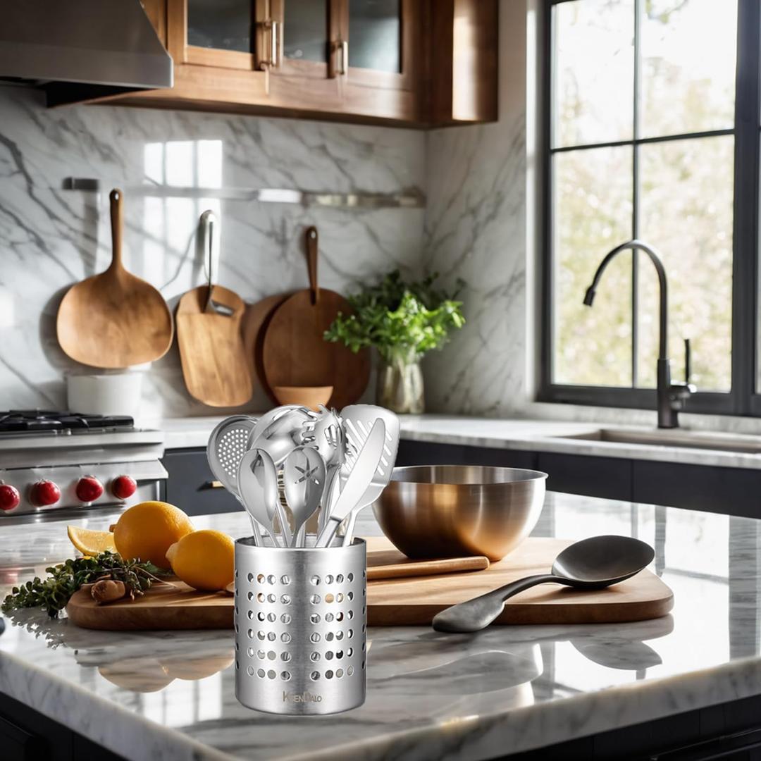Round SUS304 Stainless Steel Utensil Holder - Silver Caddy & Organizer for Drying Cooking Spoons, Spatulas, and Silverware - Essential Kitchen Container for Countertop(3.94inch Tall)