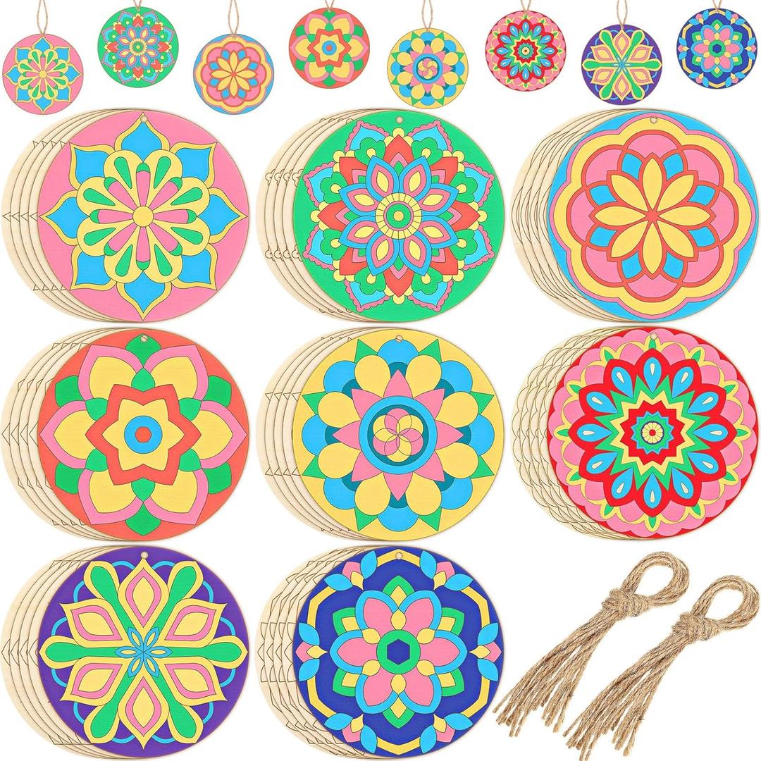 Blosssound 40 Pcs Unfinished Wood Mandala to Paint Wooden Mandala Painting Crafts Diwali Art Slices for Adult to Relax Painting DIY Crafts Ornament Wedding Home Decorations, 4 Inch(Classic)