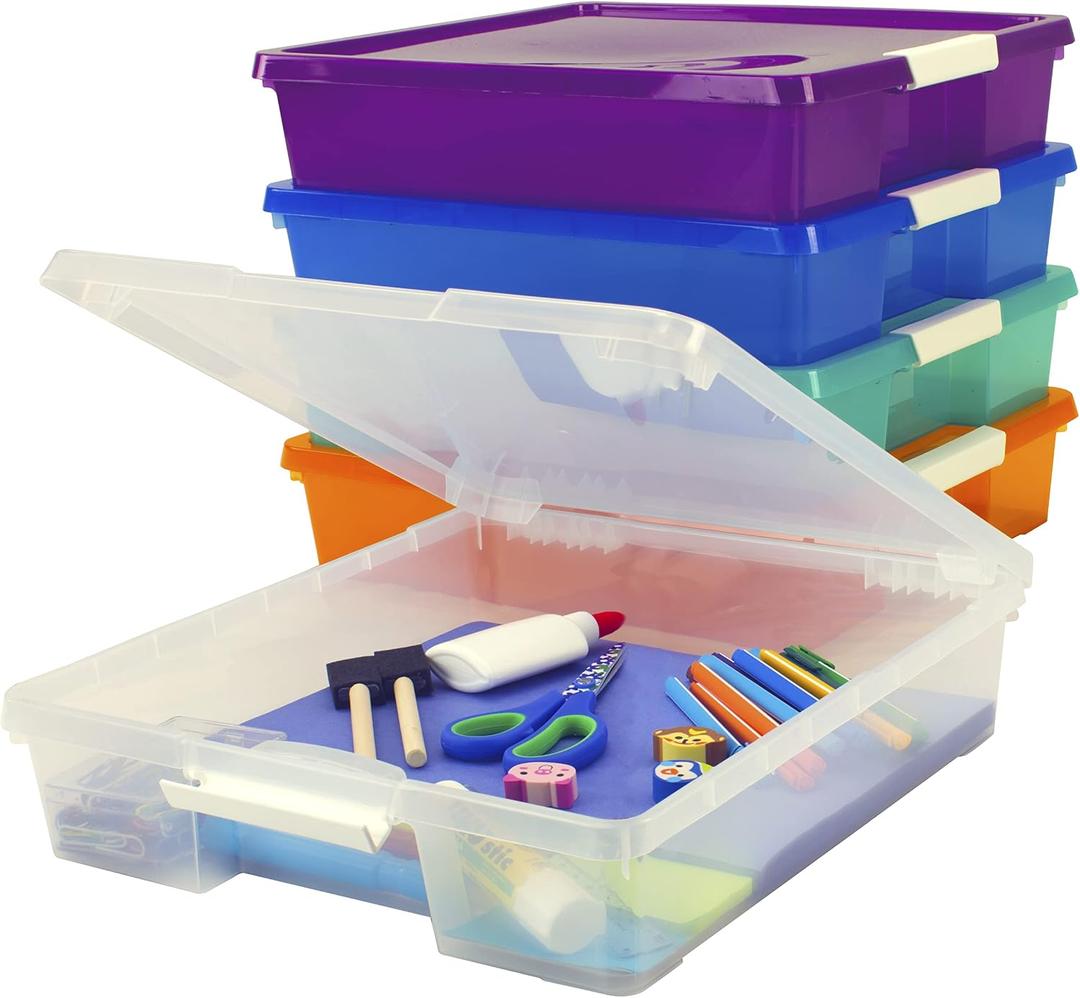Storex Classroom Craft Project Box Stacking Plastic Organizer Fits 12x12 Scrapbooking Paper, Assorted STEAM Colors, 5-Pack (63202C05C)