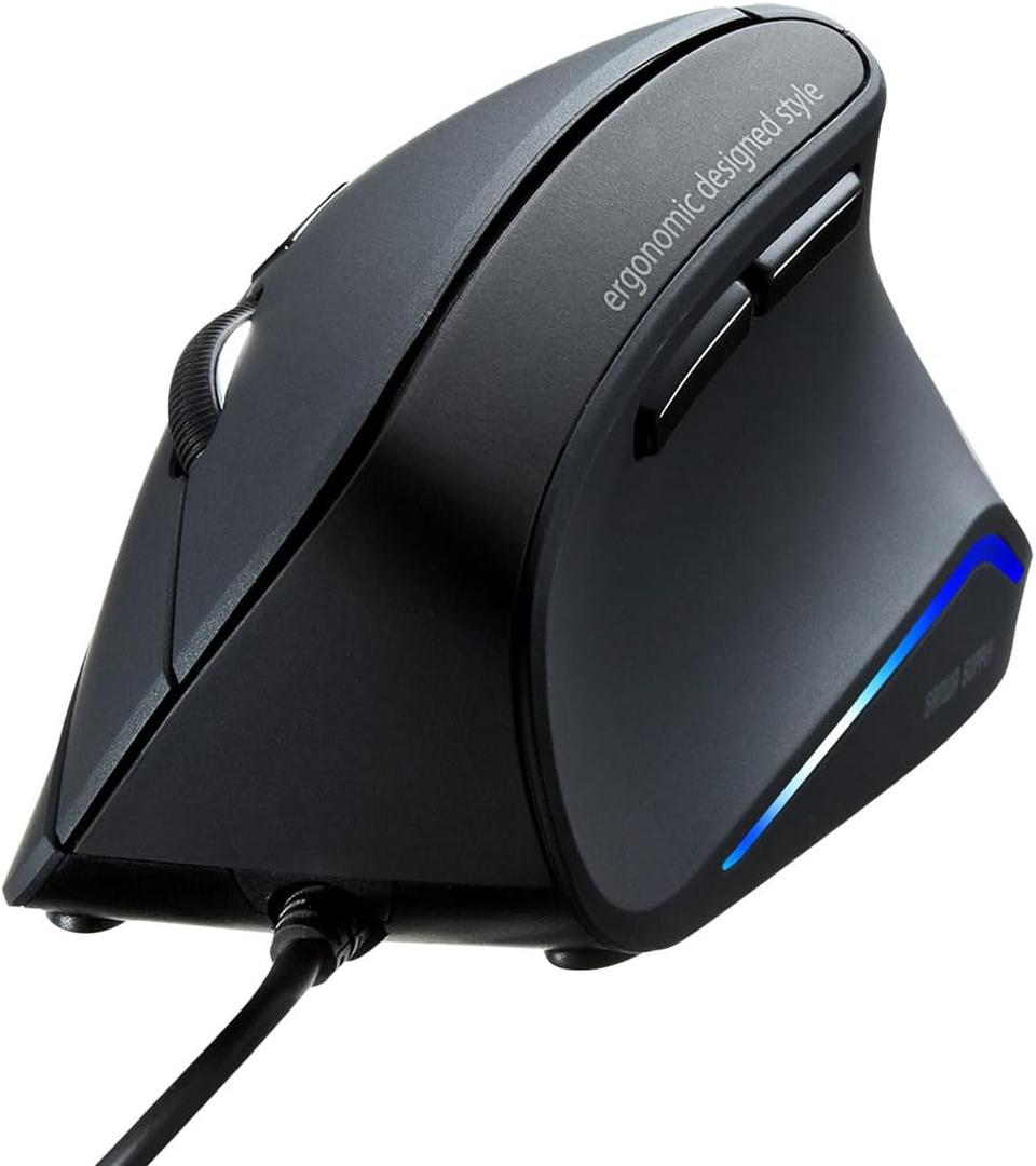SANWA Wired Ergonomic Mouse, USB Vertical Computer Mice, Natural 55 Angle, Wrist Strain Relief, 1000/1600 DPI, 5 Buttons, Compatible with Windows, Mac, Laptop, PC, Home Office Use, Black