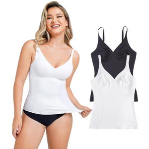 LODAY Compression Tank Tops for Women Tummy Control Shapewear Seamless Body Shaper Workout V-Neck Camisole Cami Tops (Large, Black/White 2pk)