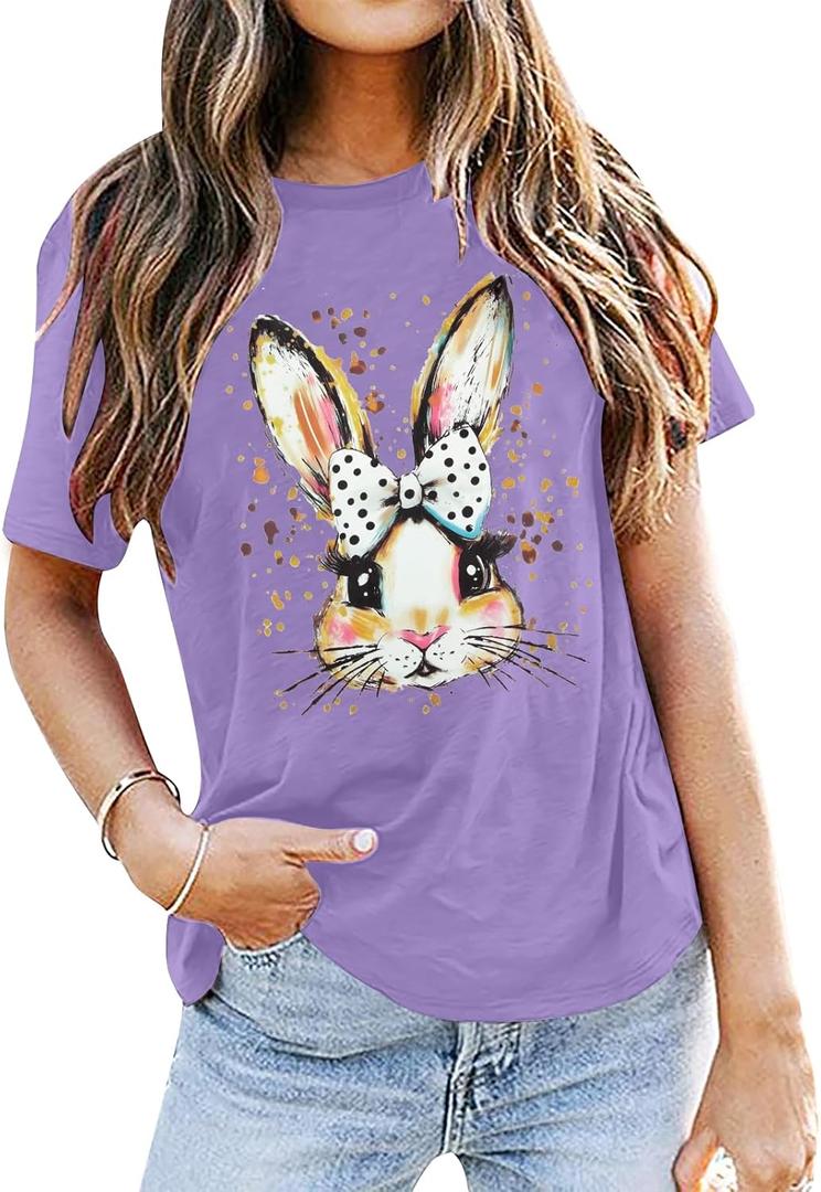 Easter Shirt for Women Bow Bunny Shirts Religious Rabbit Tshirt Coquette Bunny Tee Tops (Small, Polka Dot Bow-purple)