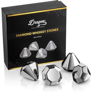 Dragon Glassware Reusable Stainless Steel Ice Cubes for Drinks - Set of 4 Diamond Shaped Whiskey Stones - Dishwasher Safe - Reusable Metal Ice Cube & Won't Dilute Your Beverage