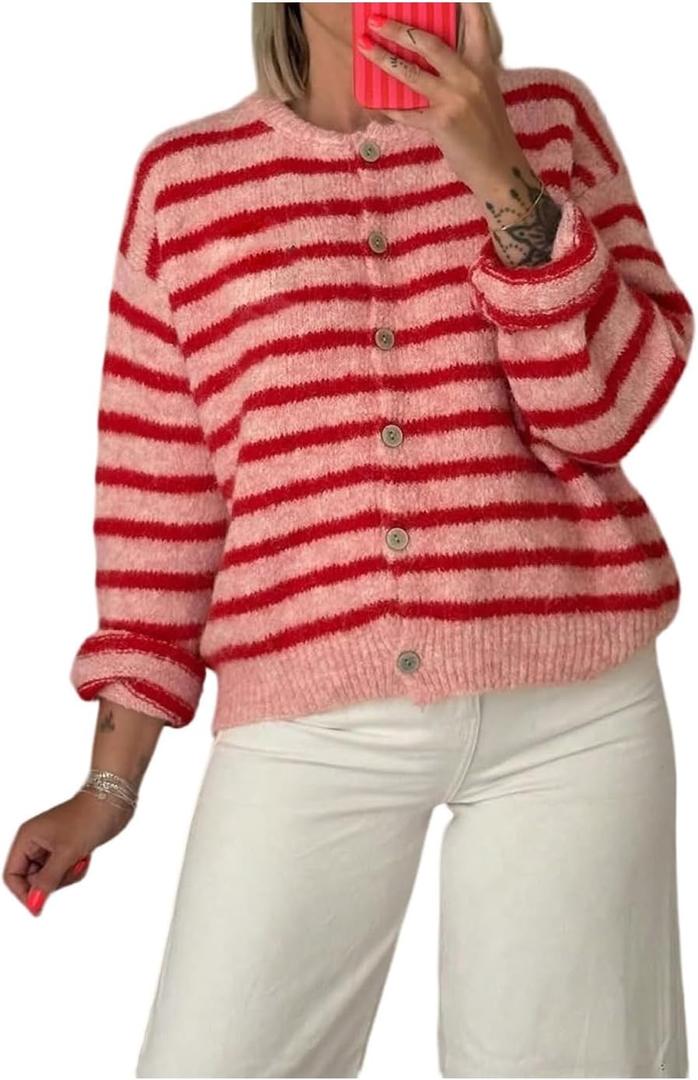 Milumia Women's Striped Button Up Cardigan Sweater Y2k Fall Long Sleeve Crewneck Oversized Sweater Top (Large, Red)