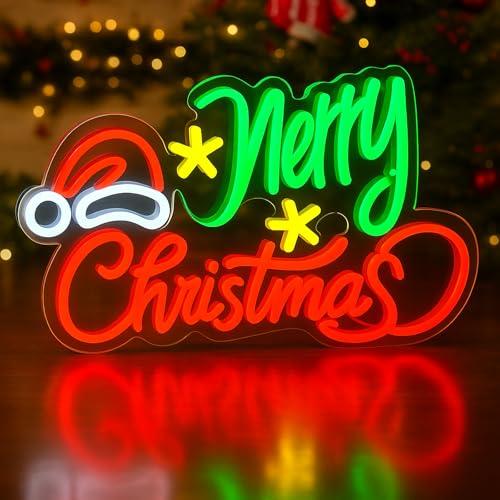 Merry Christmas Neon Sign, Dimmable LED Neon Light for Wall Decor, USB Powered with Adjustable Brightness, Colorful Holiday Neon Sign for Christmas Party, Bedroom, Window Display