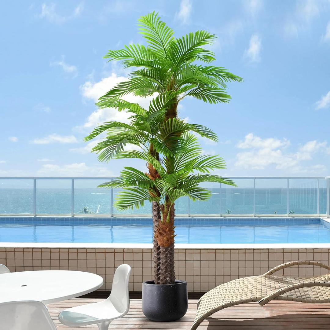 8.5ft Tall Artificial Palm Tree for Outdoors - Triple Phoenix Palm, UV Resistant, Large Fake Silk Palm Tree - Perfect for Patio, Poolside, Home Indoor Aesthetic Decor