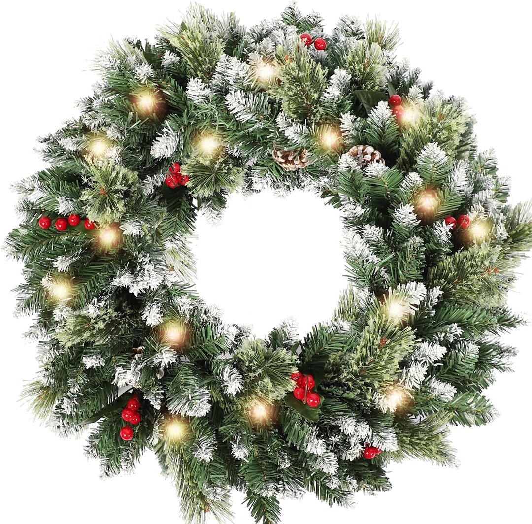 24 Inch Christmas Wreaths for Front Door with Lights,Lighted Artificial Flowering Pine Door Wreath,Prelit Faux Green Winter Wreath with Pine Cones and Red Berry for Indoor Outdoor Decor