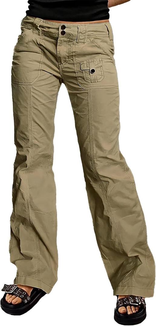 Flamingals Straight Leg Pants for Women Mid Rise Casual Front Patch Pocket Design Solid Seam Pants