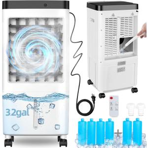 Evaporative Air Cooler,Swamp Cooler with Enlarge Water Tank,Swamp Cooler Air Conditioner with Timer,3 Speeds,80° Oscillation,20H Air Cooler for Room Office Kitchen Bedroom Garage(Include 6 Ice Packs)