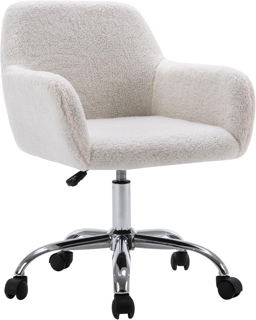 KCC Faux Fur Vanity Makeup Desk Chair, Comfy Fluffy Swivel Modern Leisure Armchair with Wheels, Upholstered Fuzzy Height Adjustable for Teens Women Girls Elegant Home Office (White+plush)