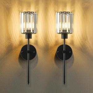 Hardwired Crystal Wall Sconces Set of Two - Dimmable Wall Light Fixtures 3000K, Warm White, for Hallway, Bathroom, Living Room, Bedroom, Black, 20.1 Inch