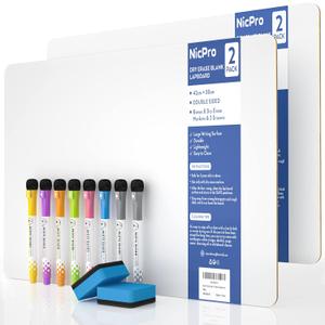 Nicpro Dry Erase Lap Board 12 x 16 inches 2 Pack Kid Double Sided Blank Small Lapboard with 8 Pens, 2 Eraser, Learning Mini Whiteboard Portable Drawing Board for Student and Classroom Use