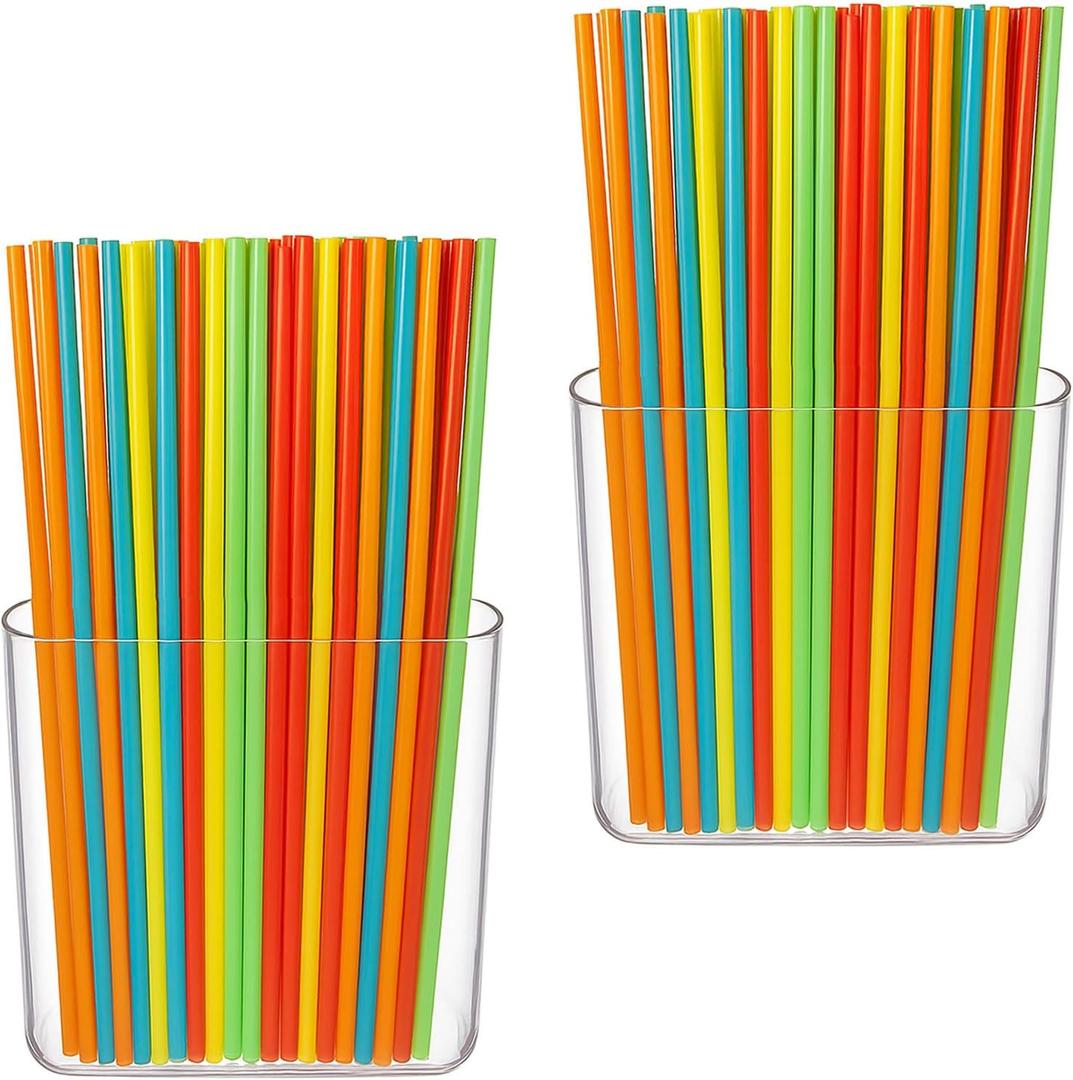 2 Pack Hanging Straw Holder for Cabinet Wall, Plastic Reusable Tumbler Straws Organizer Storage Container Dispenser for Kitchen Counter Cupboard Drinking